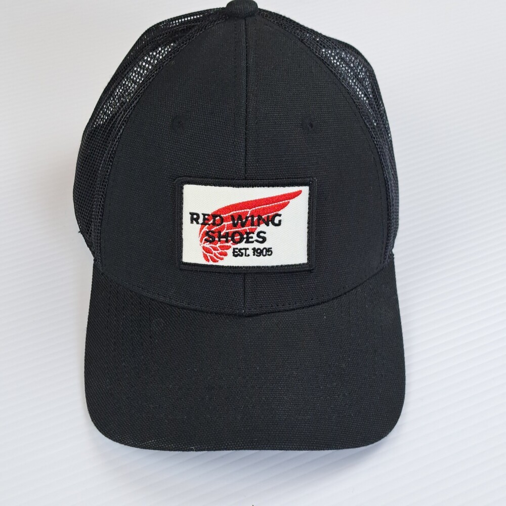 Red Wing Shoes Hat Cap Panel Patch Snapback Mesh Baseball Black Adjustable